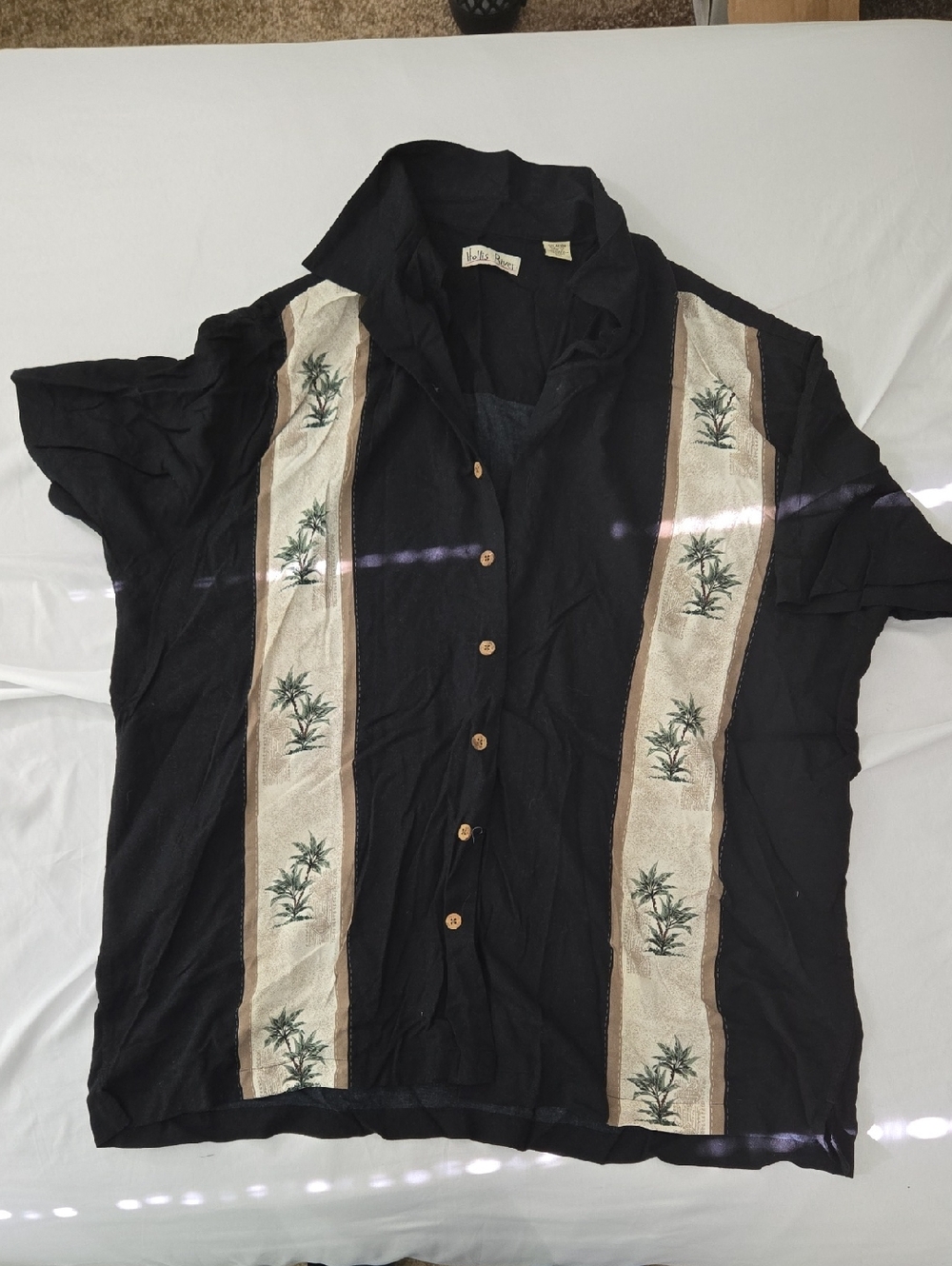 Black Button-Up Camp Shirt with Palm Stripe